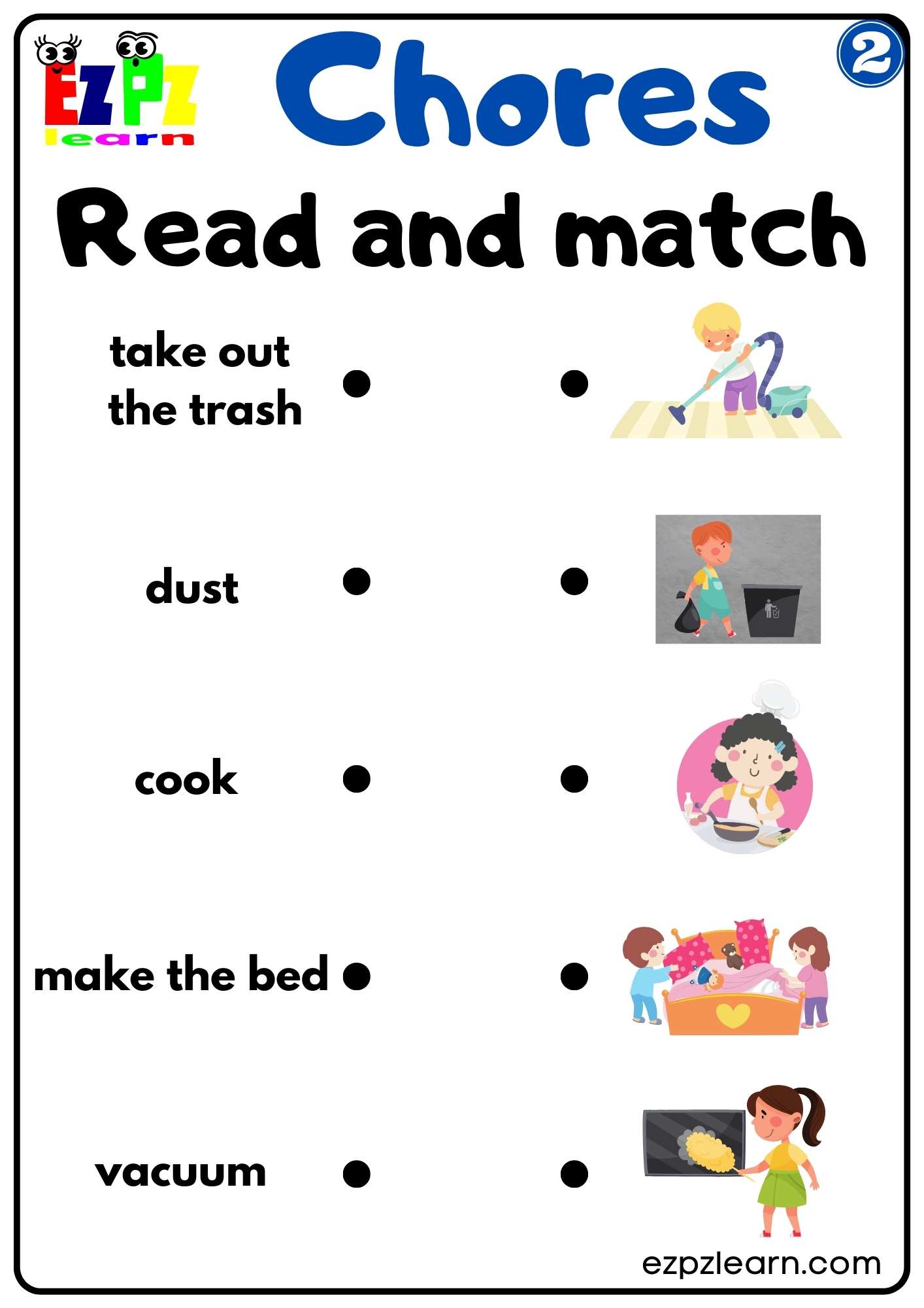 Household Chores Vocabulary Read and Match Worksheet For Children and ESL Students Download Free Group 2